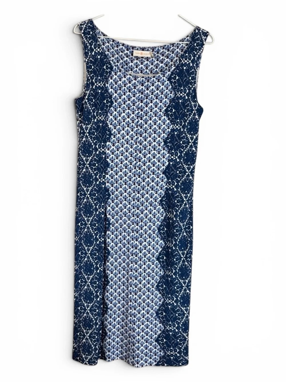Tory Burch Navy and White Printed Sleeveless Midi Dress